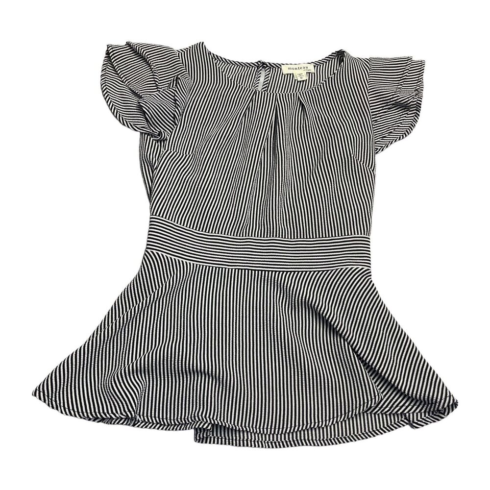 Monteau Blouse Top Girls Small Black White Striped Stretch Flutter Short Sleeve - Picture 1 of 7